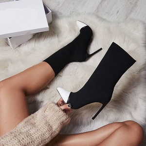 European and American pointed elastic cloth color matching women’s boots black and white in autumn and winter