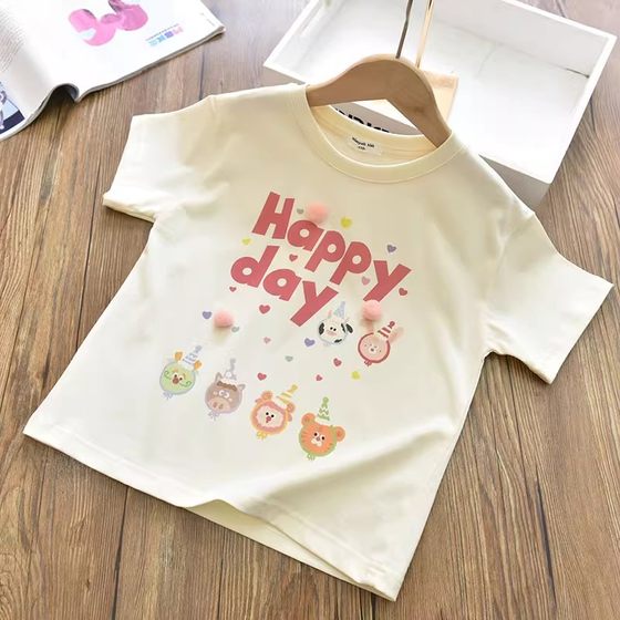 Cool double yarn cotton girl Korean version letter cartoon wool ball short-sleeved T-shirt children's baby birthday base shirt 24 summer
Cool double yarn cotton girl Korean version letter cartoon wool ball short-sleeved T-shirt children's baby birthday base shirt 24 summer