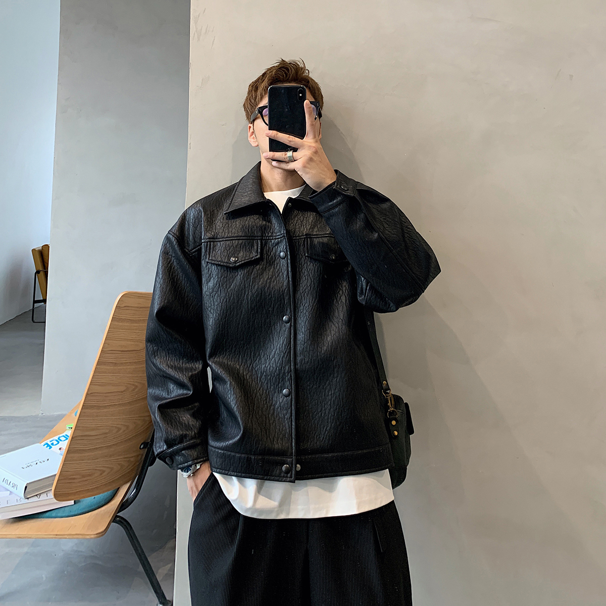 小胡子店2023秋冬翻领美拉德pu皮衣男夹克外套宽松痞帅潮牌机车服