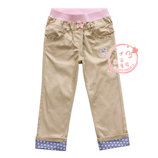 Clearance~Girls spring and autumn casual trousers, medium and big boy bear, Korean version of cotton pants, roll-up pants, foreign trade pants, green