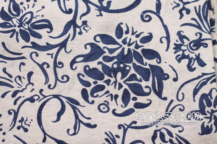 纺织棉类民族风仿蜡染青花瓷白底青花亚麻印花布棉麻布料服装面料