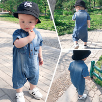Baby summer mens baby jumpsuit summer thin short sleeve denim outing ha clothes fashion handsome childrens clothes
