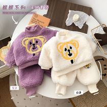 Newborn childrens clothing boys and girls plus fluff sweater set autumn and winter bear thick pullover vest sweater pants set go out