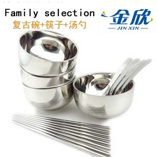 Jinxin Korean retro bowl 4 square chopsticks 4 pairs of Korean soup spoons 4 family matching tableware sets