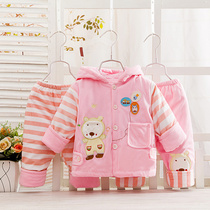 Newborn baby spring and autumn cotton thin hooded warm cotton coat three-piece men and women Baby out cotton suit