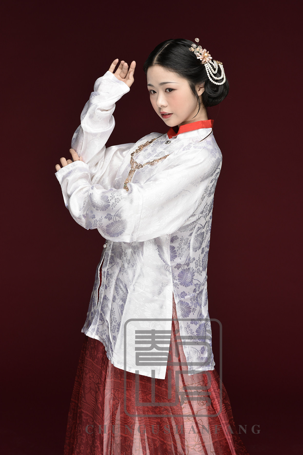 丝棉混纺 缠枝菊花绫 明燕居对襟立领长衫&对襟翻领短衫