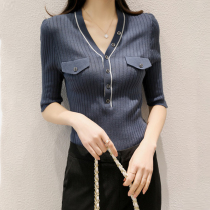 SandroSvpr short sleeve female 2021 summer new age-reducing V-neck simple Joker slim slim knit jacket