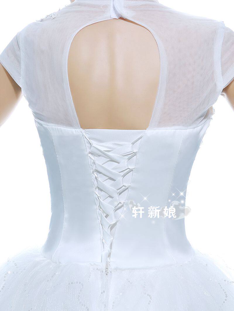 齐地婚纱礼服新娘绑带显瘦结婚婚纱一字肩修身复古长款宫廷双肩婚