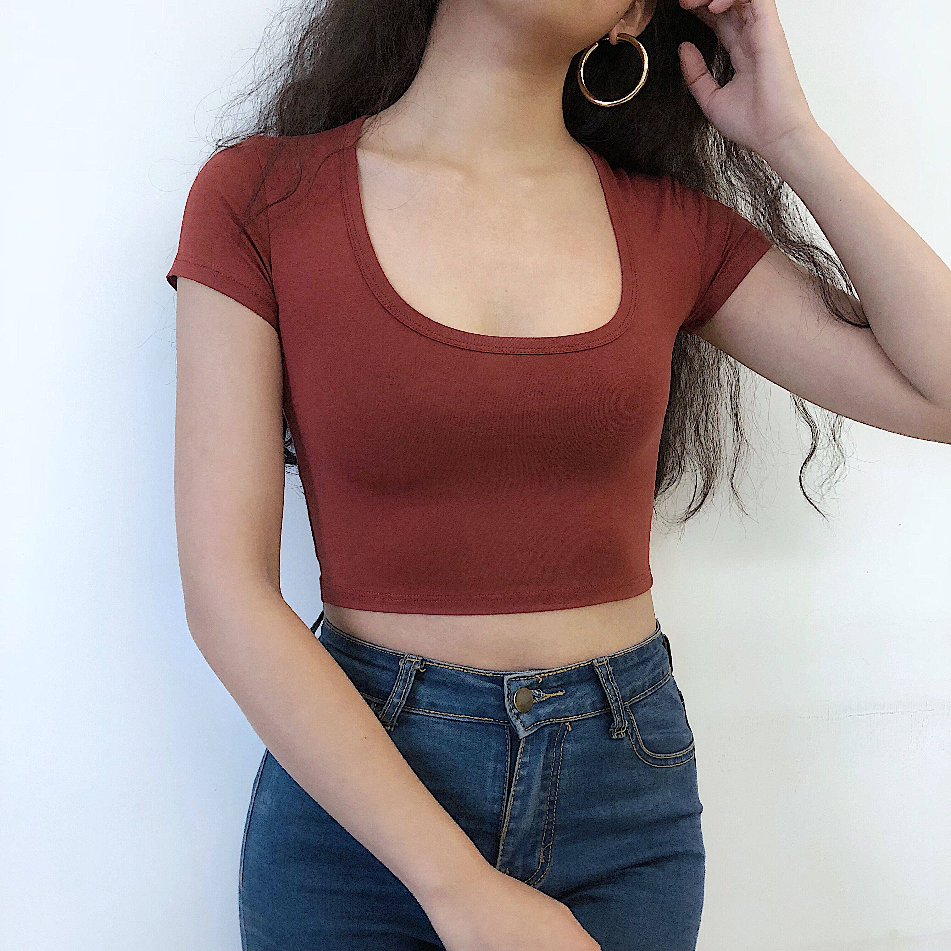 【包邮】显瘦显白显胸大u领净色短款高腰短袖t恤1820-18