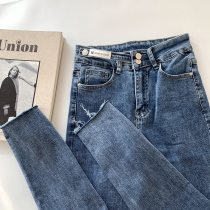 Blue high waist elastic outer wear jeans women are thin in early spring 2021 new burrs tight little feet pencil pants