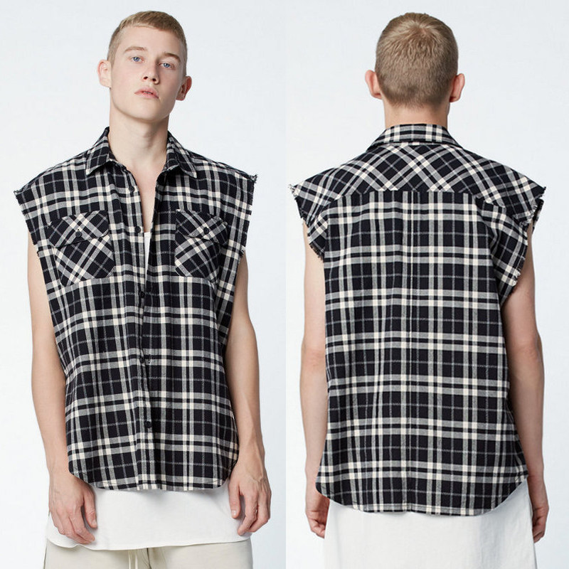 2017夏季权志龙高街黑白格法兰绒开叉宽松男士无袖衬衫 潮比伯gd_7折
