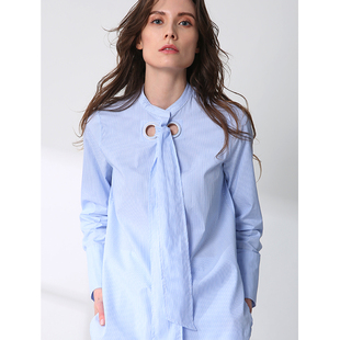 立领 原创设计新品蓝白条纹领口金属环扣绑带立领宽松衬衫长袖女款