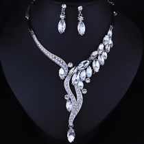 Korean bride exaggerated accessories red crystal gem rhinestone necklace ear clip two-piece set banquet stage accessories