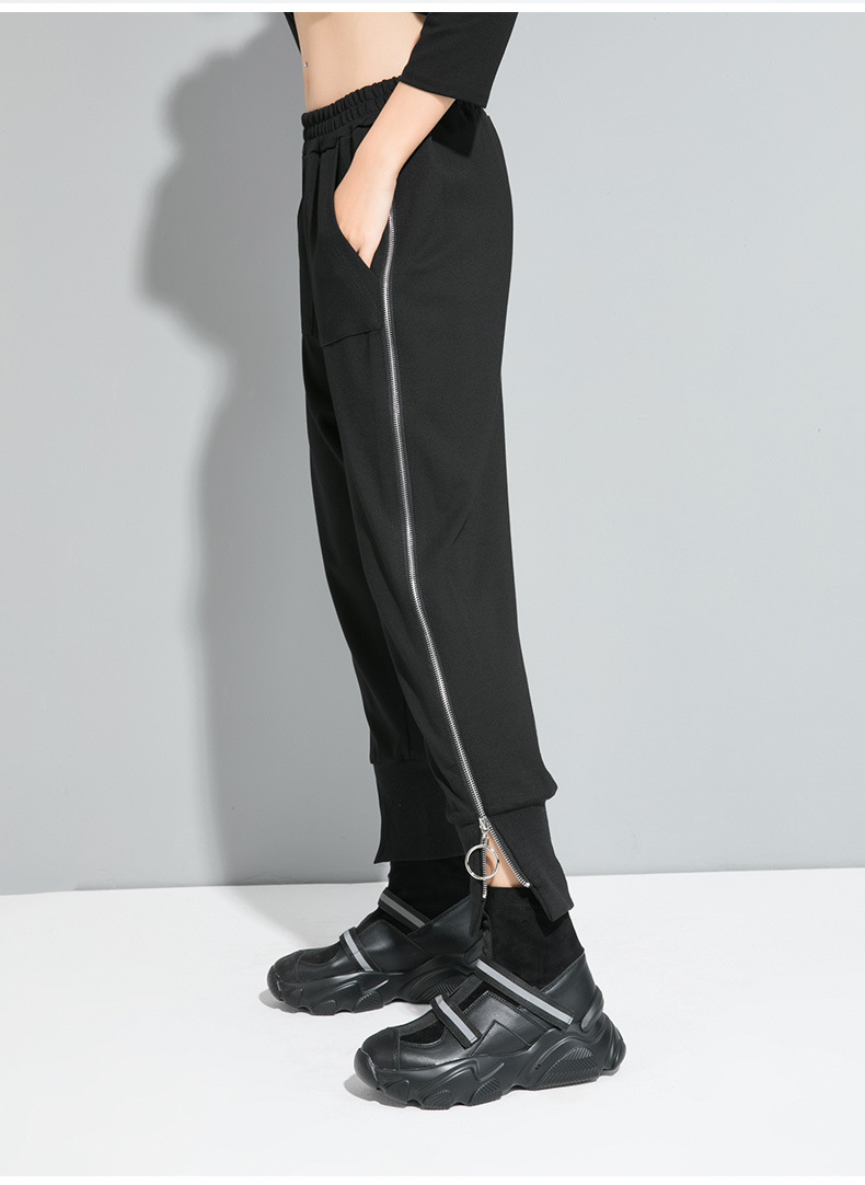 实拍欧美女裤休闲裤暗黑潮侧拉链松紧腰男女生小脚哈伦工装裤