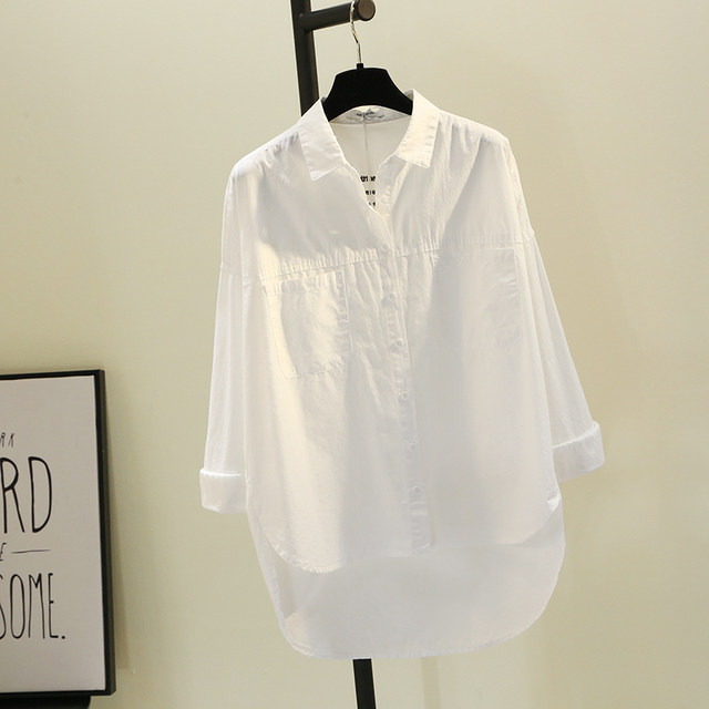 Back Embroidered Letters White Long Sleeve Shirt 2020 Autumn New Double Pocket Mid-length Shirt All-match Top Back Embroidered Letters White Long Sleeve Shirt 2020 Autumn New Double Pocket Mid-length Shirt All-match Top