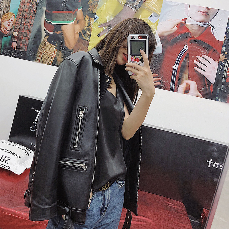 In 2022, the new Haining Young Leather Locomotive Leather Lady female long sheep - skin Classic jacket loose coat