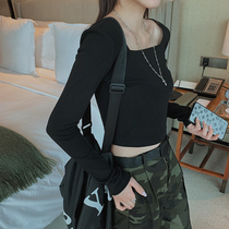 Short long sleeve T-shirt women spring and autumn cotton white T-shirt slim body with navel square collar base shirt high waist top