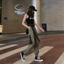 Military green overalls women slim high-waisted small man loose bf Hong Kong flavor sports casual pants bunch feet Haren pants