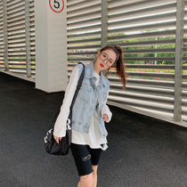 Short denim vest womens personality fashion loose spring and autumn thin retro bf port flavor sleeveless shoulder horse clip jacket