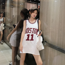 Basketball vest female bf wind outside wearing student letters loose Hong Kong flavor sports uniform long knitted sleeveless T-shirt
