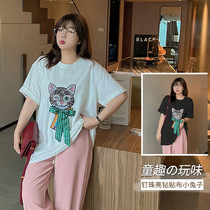 Big code t-shirt woman 200 catty blouse blouses summer new Korean version gats heavy engineering nail pearl kitty short sleeve pure cotton T