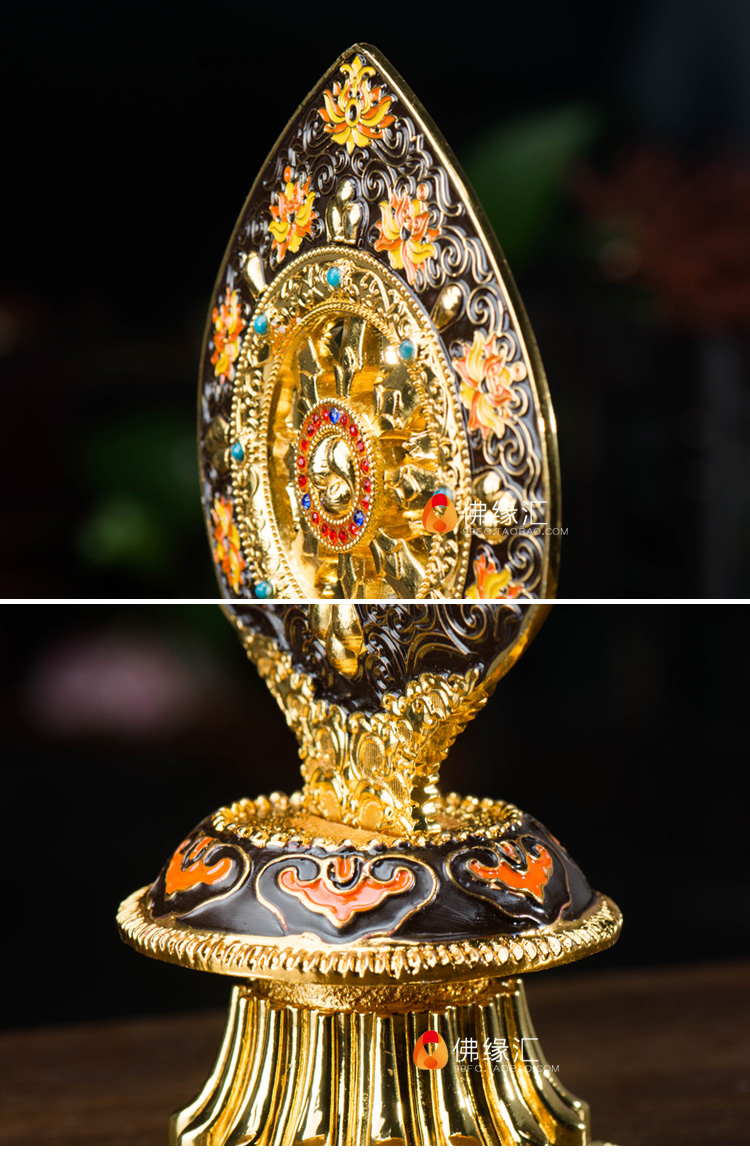 佛缘汇 藏传佛教用品法器彩绘珐琅镀金佛具佛堂法轮摆件 高18cm