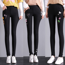 Spring and autumn bottomed leggings womens elastic high waist Black close-fitting hips thin pencil pants embroidery embroidered magic pants