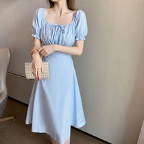  French sweet square collar holiday dress Summer 2021 bubble sleeve design bow waist mid-length long skirt