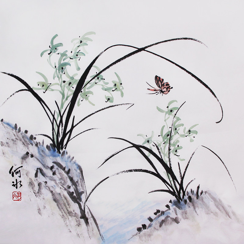 中式水墨兰花挂画50X50CM无框设计纯手绘宣纸原稿国画真迹作品