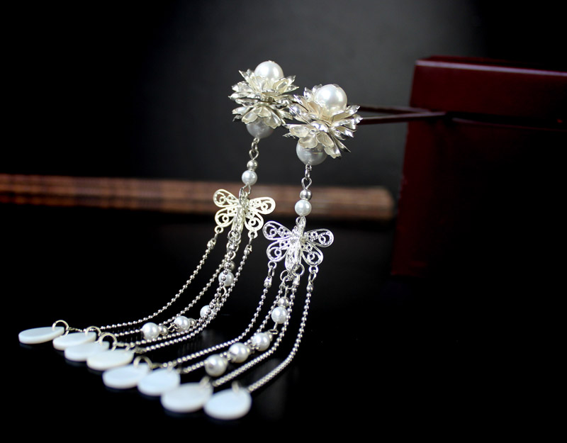 包邮珍珠对簪步摇长流苏步步生莲簪子汉服古装头饰旗袍cos仙女