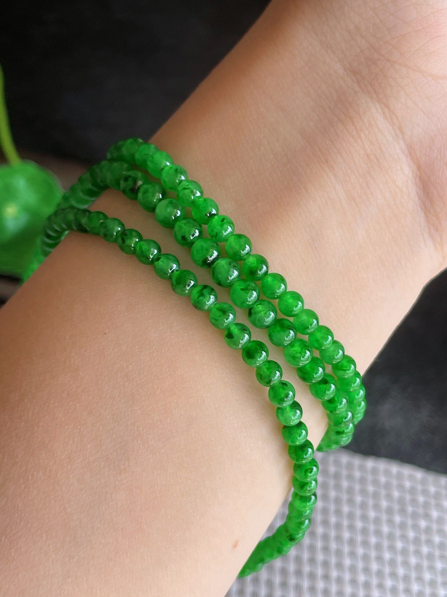 缅甸翡翠a货老坑冰种满绿 圆珠项链手链手串女款18.29g