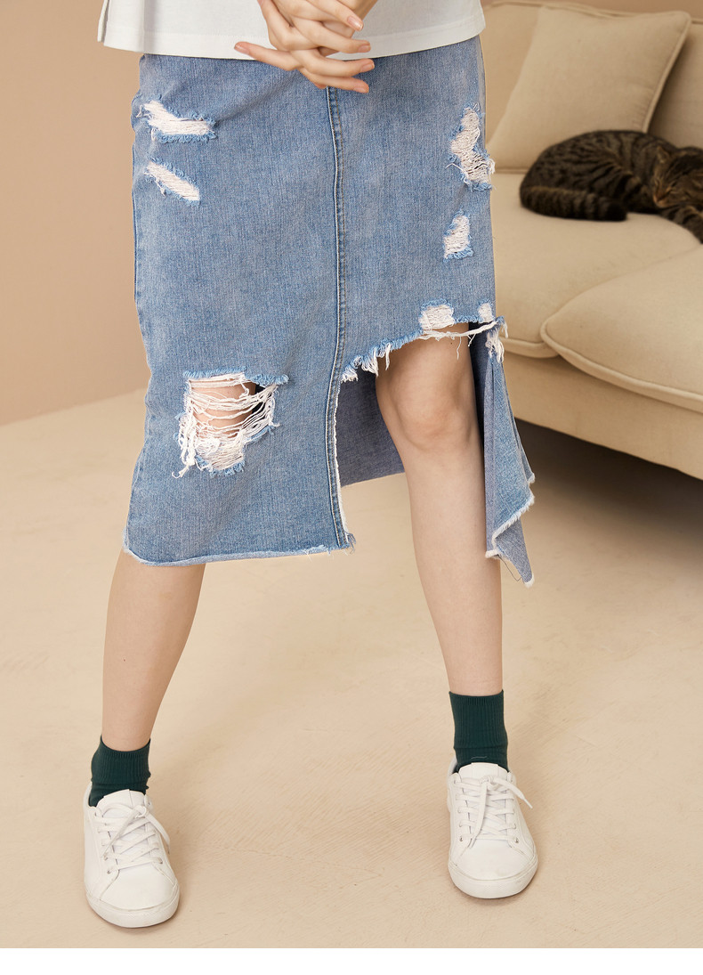 诗凡黎2017年秋季新款中长款裙子破洞牛仔裙半身裙女bf