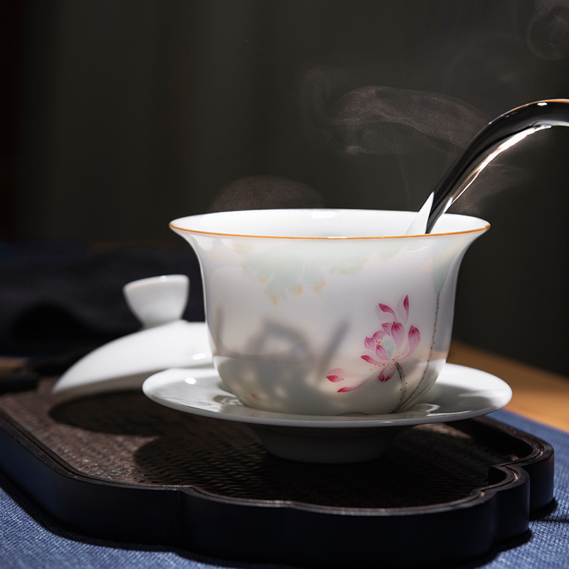 Jingdezhen ceramic sweet white tea set hand - made only three tureen tea cup single them thin body large bowl