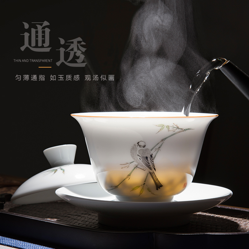 Jingdezhen ceramic kung fu tea set them hand draw three tureen teacup only a single thin body large bowl is not hot