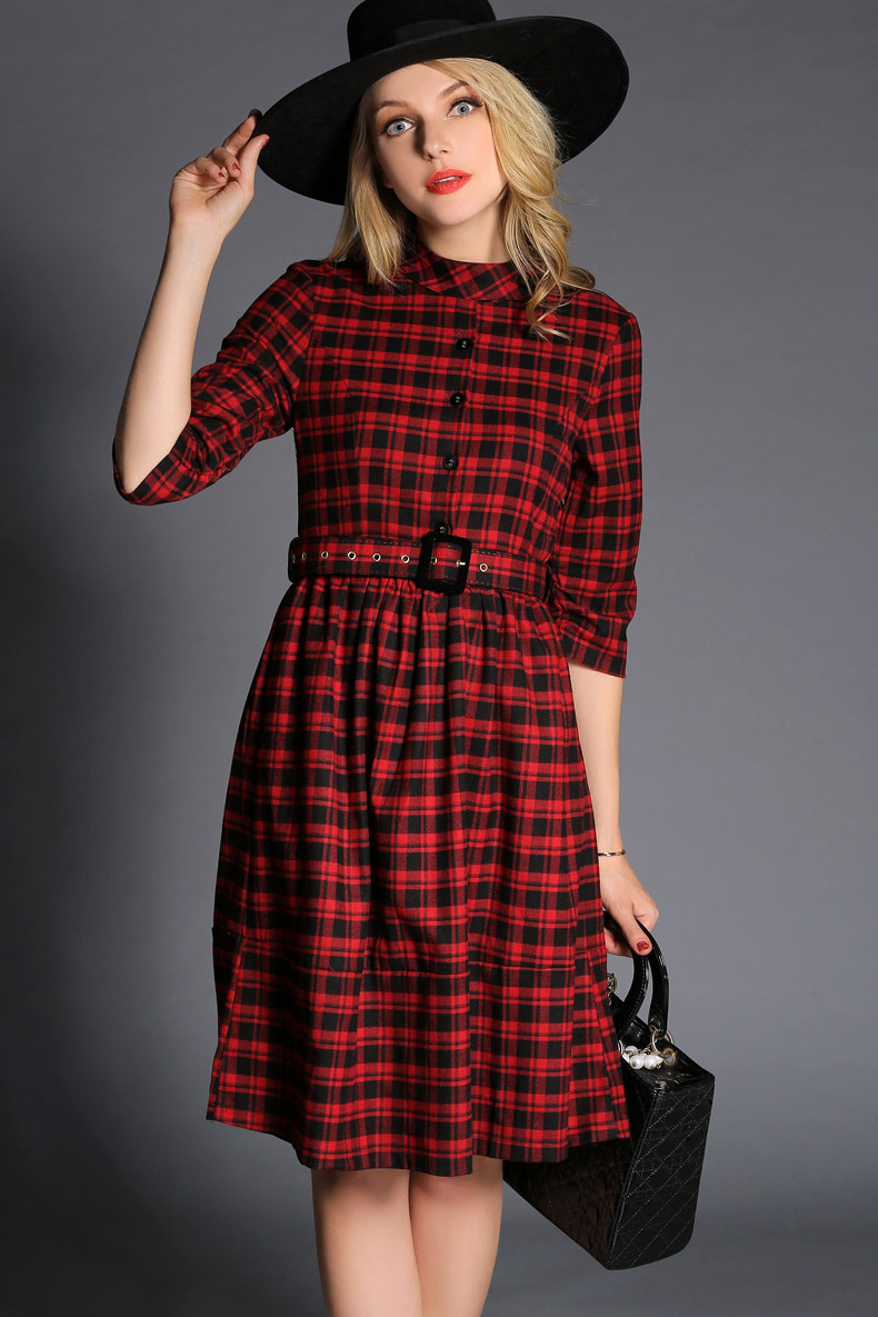 8925实拍#2015秋装苏格兰立领复古修身红格子中长裙毛呢连衣裙女