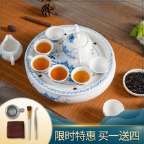 潮汕功夫茶 茶具套装 白色玉瓷青花瓷 整套带圆形陶瓷茶盘家用