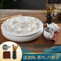 整套潮汕玉瓷功夫茶具套装家用陶瓷茶壶茶杯圆形茶盘简约纯色套