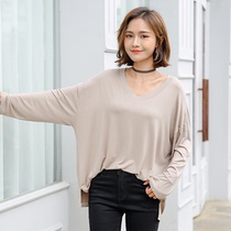 2019 Europe and America comfortable Big version long sleeve T-shirt size mother dress loose top Joker V neck base shirt modal