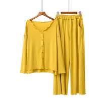 Long sleeve Modale pyjamas womens summer casual long pants buttons cardiopal air conditioning cottages can be worn outside the home clothes two-piece suit