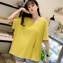 2019 summer dress Korean version of bit cotton half sleeve base shirt loose V collar short sleeve T-shirt Womens Big version of shirt Joker European American