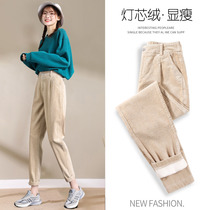 Corduroy pants Womens spring casual pants Autumn and winter cotton pants radish pants beige plus velvet dad velvet harem pants