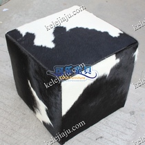 1 grid black and white cow leather small square stool Horse fur low stool shoe stool Foot makeup stool square pier