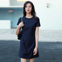 2021 Summer Tibetan Cyan Cultivation Temperament Collection Waist A Version Short Skirt Short Sleeve Reduced Age Pure Color Professional Wind Dress Woman