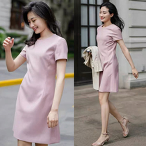 2022 Summer new upmarket trendy short dress temperament short sleeve round collar collection waist and body pink one-piece dress