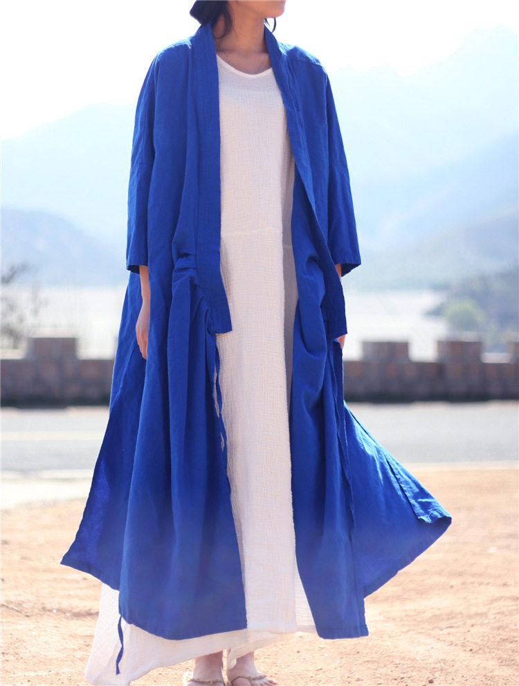 棉麻不规则复古僧袍连衣裙斜襟系带v领大码宽松开叉外穿长裙袍子