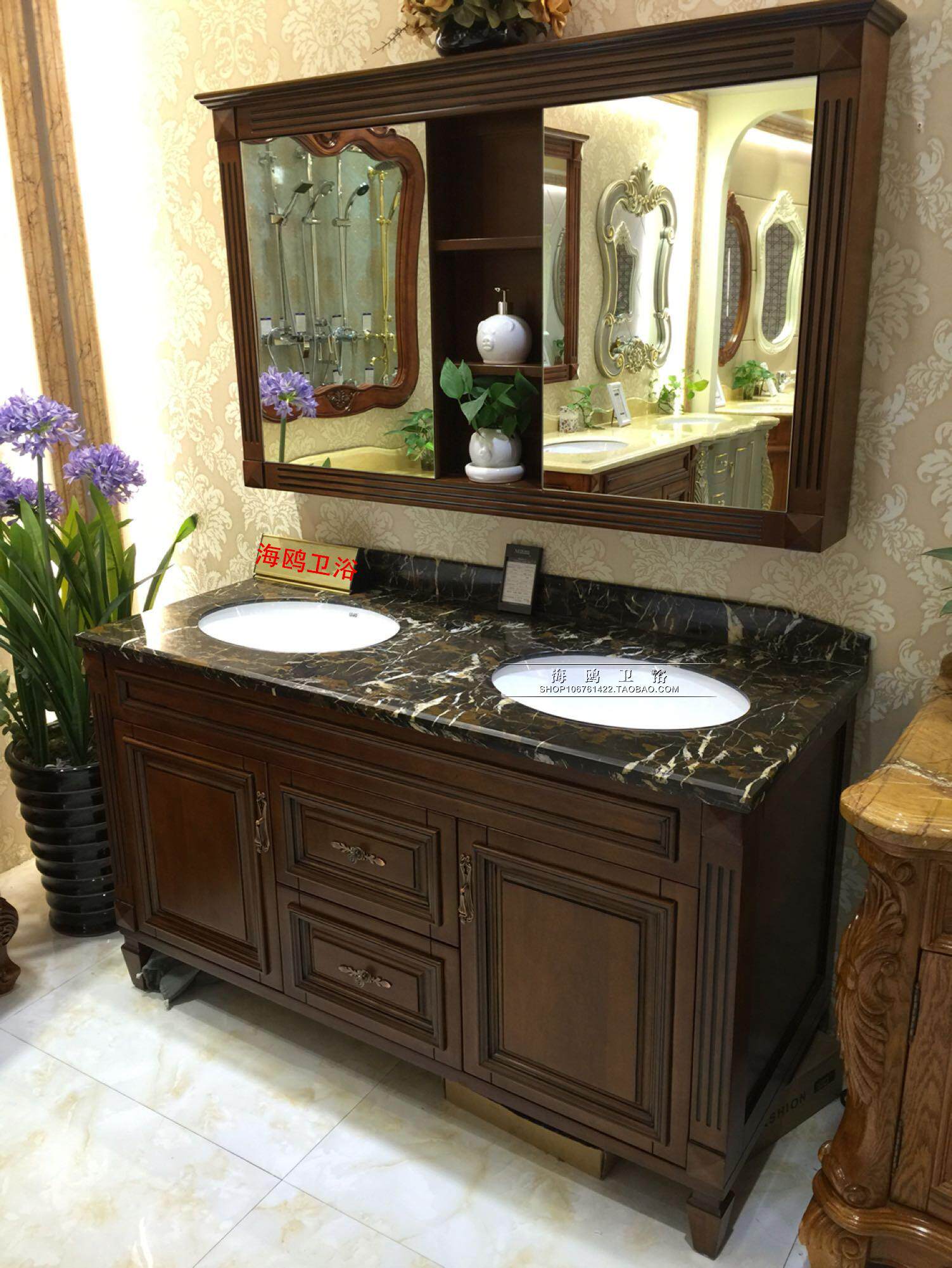 美式浴室柜实木落地欧式橡木组合仿古卫浴柜中式田园镜柜红橡ho-7