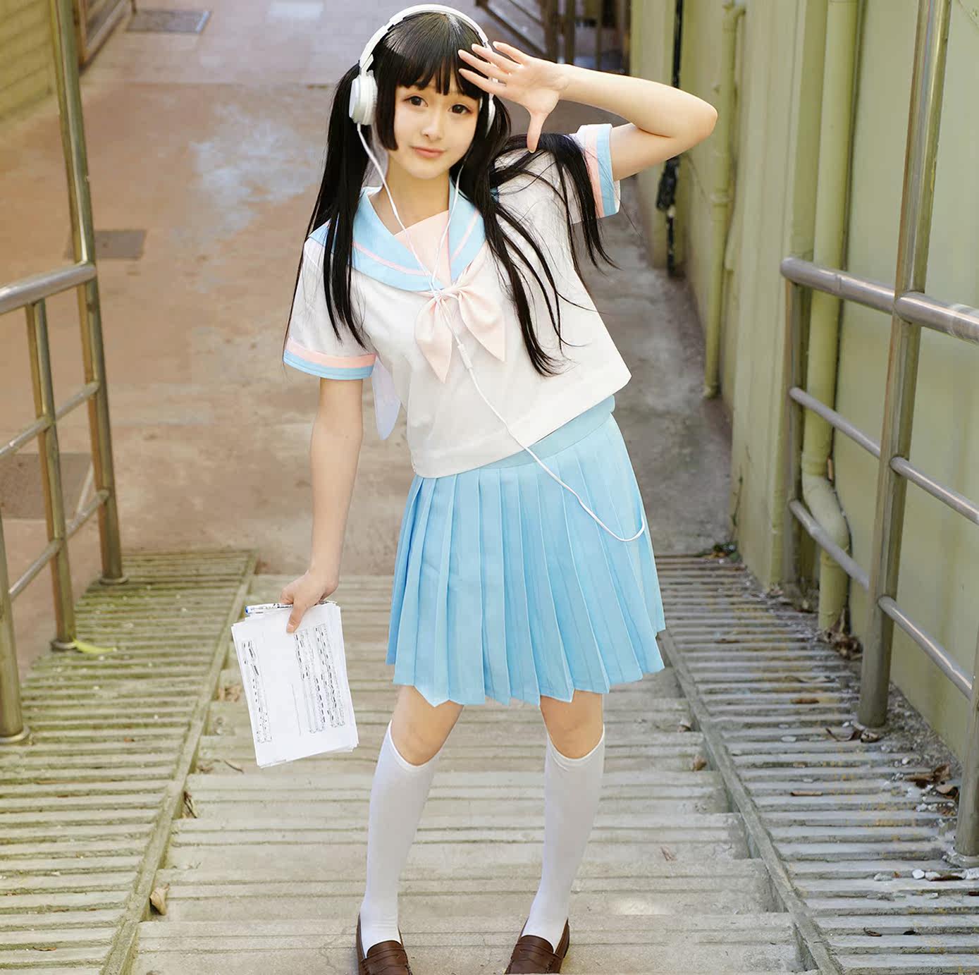 日系校服软妹水色 jk制服 少女兔耳领 一本襟 短袖校服水手服套装