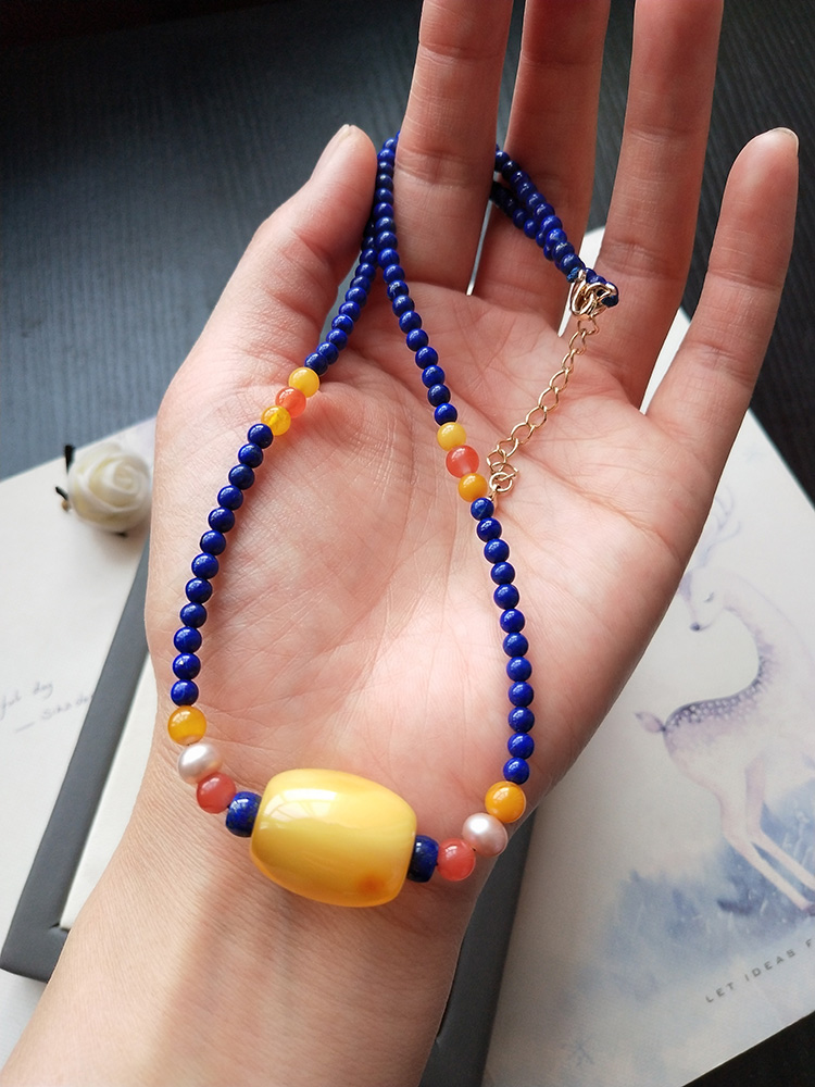 天然蜜蜡桶珠 老型锁骨链 手工编织多宝文艺复古颈链气质饰品原创