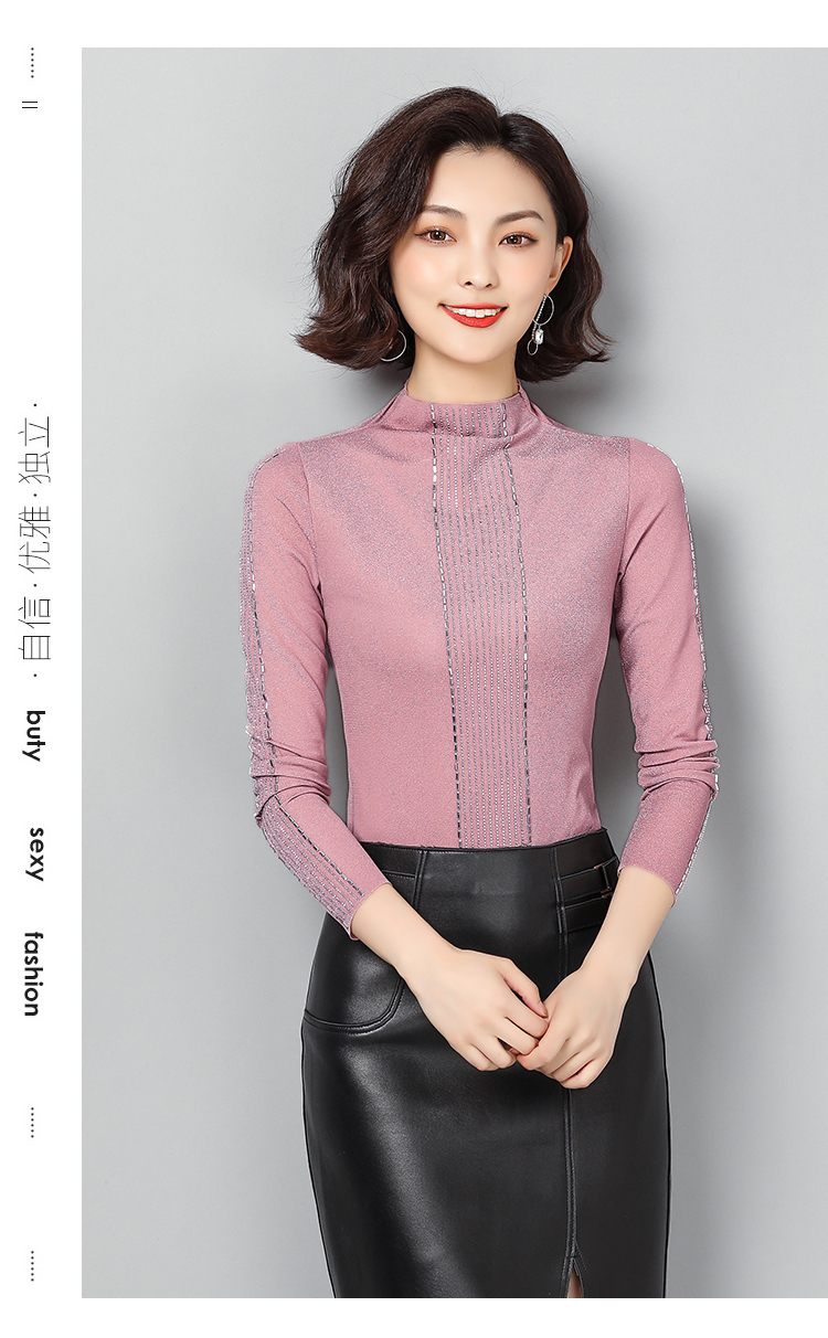 实拍2019秋冬装新款重工烫钻洋气修身半高领t恤女长袖加绒打底衫