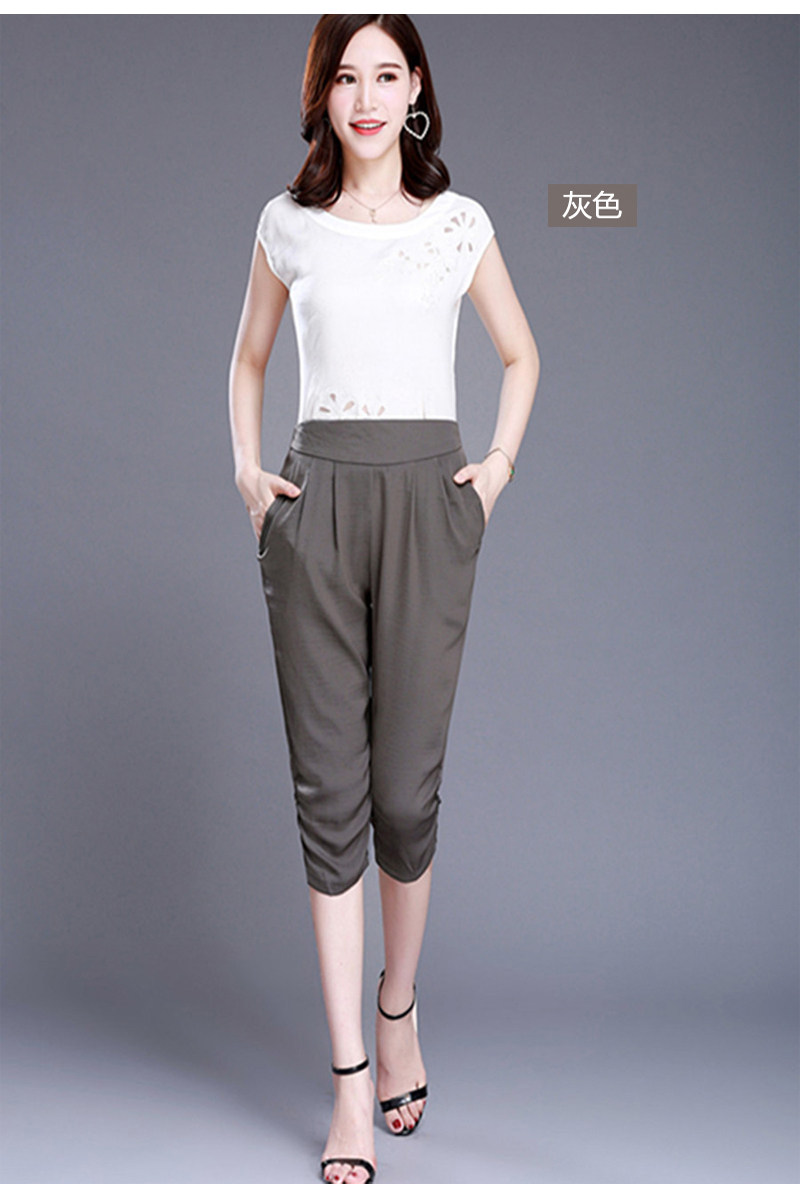 新款真丝女裤七分哈伦裤女宽松显瘦中裤马裤中老年休闲裤薄款夏季